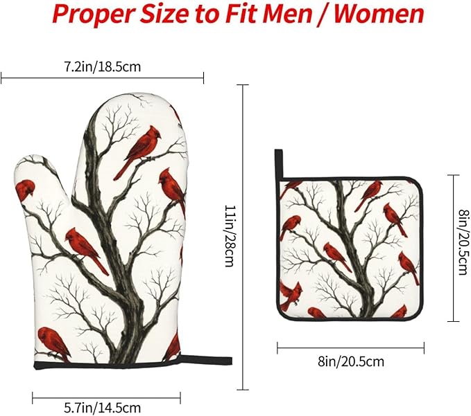 Christmas Pot Holders and Oven Mitts Set of 3,Winter Red Cardinal Kitchen Gloves Hot Pads for Oven Baking Cooking BBQ Grilling,Cardinals Kitchen Decor & Christmas Cardinal Gifts for Women