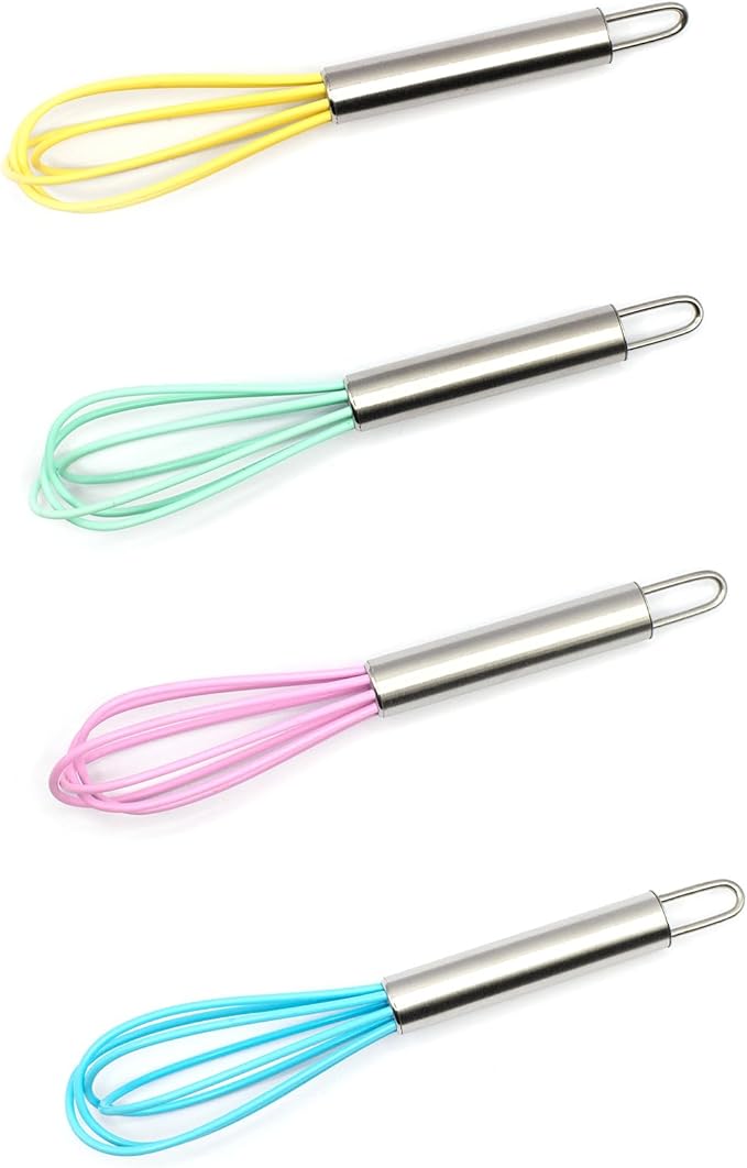 Mini Whisks 6 inch 4Pcs silica gel stainless steel Whisk, Hand Egg Mixer for Flour Cake Egg, Kitchen Cooking Baking Use Whisk （purple，yellow，cyan，blue） by TYGYLZGCF