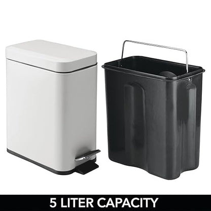 mDesign Pedal Bin — Waste Bin with Pedal, Lid and Plastic Bucket Insert Perfect for Bathroom, Kitchen, and Office — Metal Household Rubbish Bin with Ergonomic Design — Light Grey