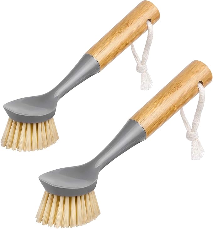 MR.SIGA Dish Brush with Bamboo Handle Built-in Scraper, Scrub Brush for Pans, Pots, Kitchen Sink Cleaning, Pack of 2 by MRSIGA