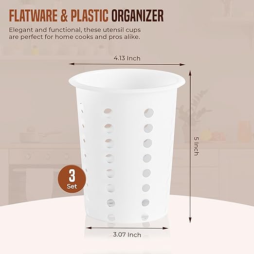 OCS Parts Perforated Utensil Drying Cups | White | Set of 3 | Plastic Flatware Holder Cylinders for Kitchen Counter Organization - Image 2