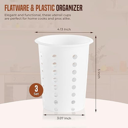 OCS Parts Perforated Utensil Drying Cups | White | Set of 3 | Plastic Flatware Holder Cylinders for Kitchen Counter Organization - Image 2