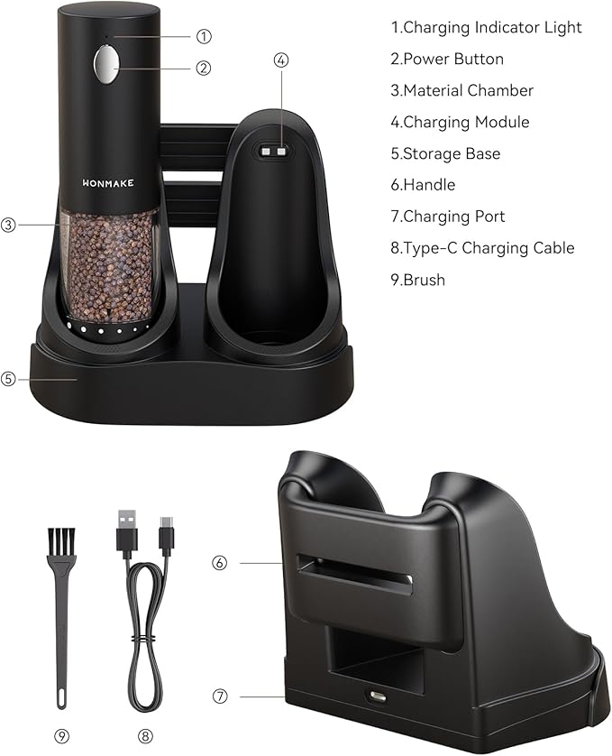 Electric Salt and Pepper Grinder Set - Automatic Refillable Salt and Pepper Grinders with Charging Base & LED Light, Adjustable Coarseness, One-handed Easy Operation, Ideal Kitchen Gadget - Image 4