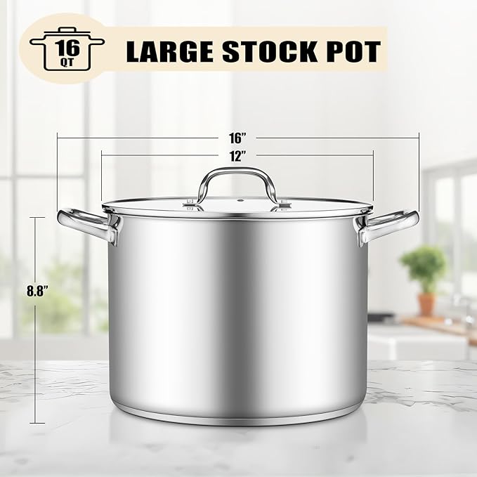 TeamFar 16QT Stock Pot, Stainless Steel Stockpot Large Induction Cooking Pot with Lid & Tri-ply Bottom, for Soup Seafood Cooking, Sauce Canning, Non Toxic & Heavy Duty, Various Stovetops Suitable - Image 2