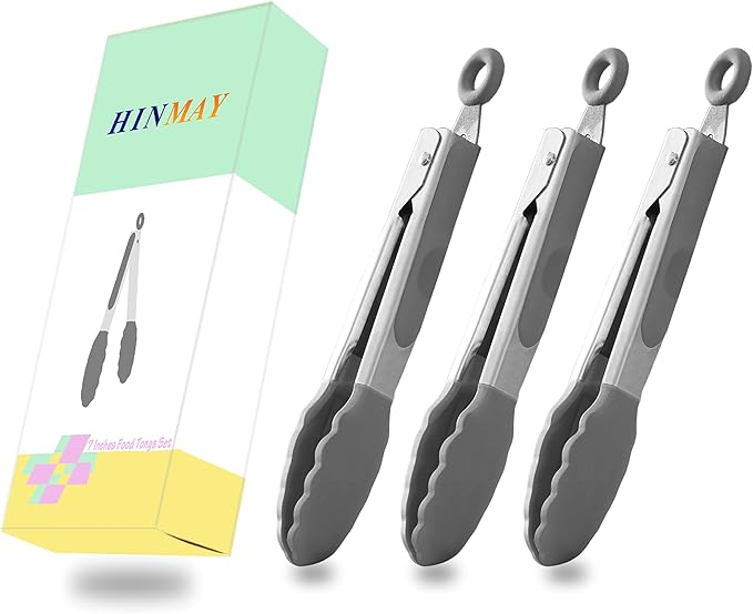 HINMAY Small Serving Tongs with Silicone Tips 7 Inch Mini Stainless Steel Food Tongs, Set of 3 (Gray) - Image 7