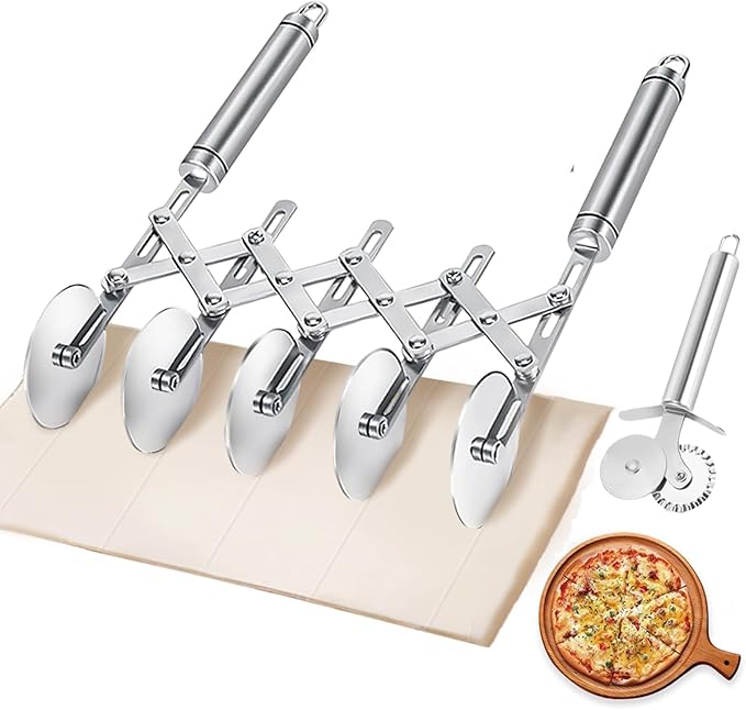 5 Wheel Pastry Cutter, Stainless Steel Dough Cutter Wheel with Handle, Dual Fluted Ravioli Pasta Noodle Pizza Slicer, Expandable Round Pastry Knife, Versatile Cookie Dough Divider by Mlesi