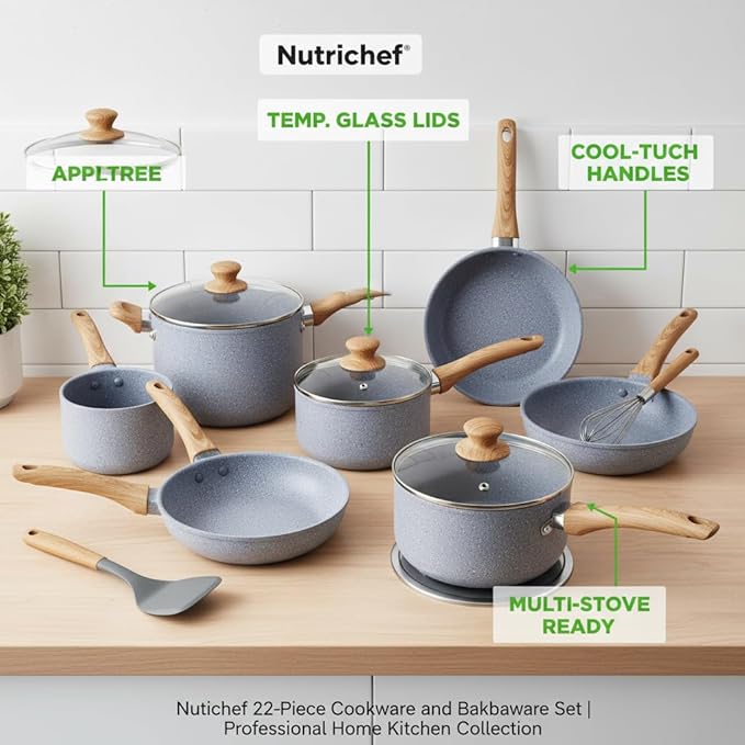 Nutrichef 22-Piece Cookware and Bakeware Set | Professional Home Kitchen Collection with Multi-Sized Pots, Pans, Non stick and Heat-Resistant Tools (Moon Grey Marble) - Image 3