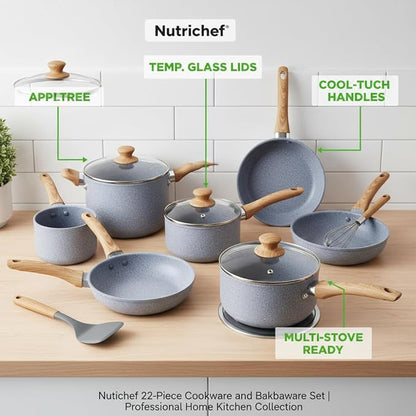 Nutrichef 22-Piece Cookware and Bakeware Set | Professional Home Kitchen Collection with Multi-Sized Pots, Pans, Non stick and Heat-Resistant Tools (Moon Grey Marble) - Image 3