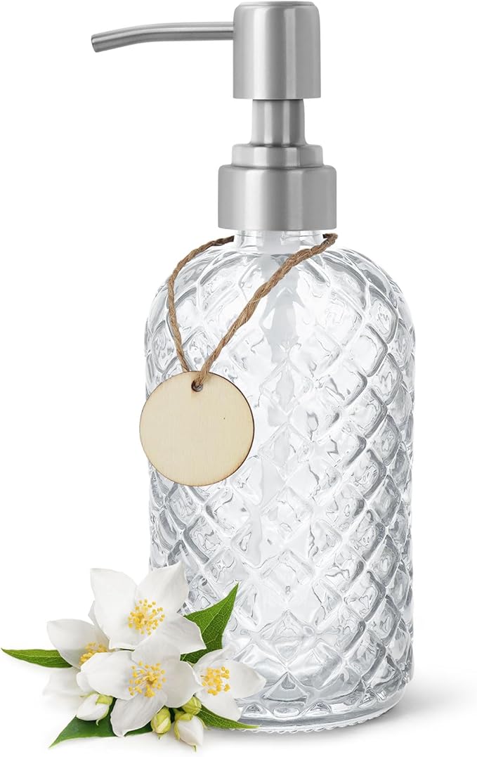 Gem-Patterned Glass Soap Dispenser with Rust Proof Stainless Steel Pump-13 oz Liquid Hand Soap Dispenser for Kitchen & Bathroom,Great for Lotions, Essential Oil, Liquid Soaps-Clear by HomeandKitchenNO1