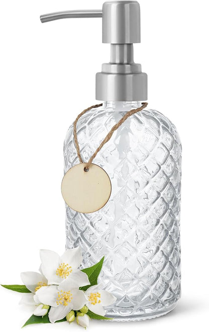 Gem-Patterned Glass Soap Dispenser with Rust Proof Stainless Steel Pump-13 oz Liquid Hand Soap Dispenser for Kitchen & Bathroom,Great for Lotions, Essential Oil, Liquid Soaps-Clear by HomeandKitchenNO1