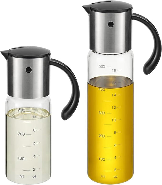 Vucchini Large Olive Oil Dispenser Bottle Kitchen Cooking Oil Dispenser Auto Flip Soy Sauce Container -Stainless Steel Leakproof Vinegar Glass Cruet (10 oz and 17 oz Set) by Vucchini