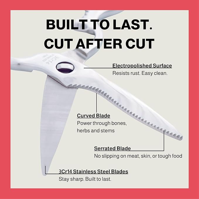 Heavy Duty Kitchen Scissors for Food — All Purpose Cooking Scissors, All Stainless Steel, No Plastic, Come-Apart Blades for Easy Cleaning, Dishwasher Safe, 5-in-1 Multi-Tool