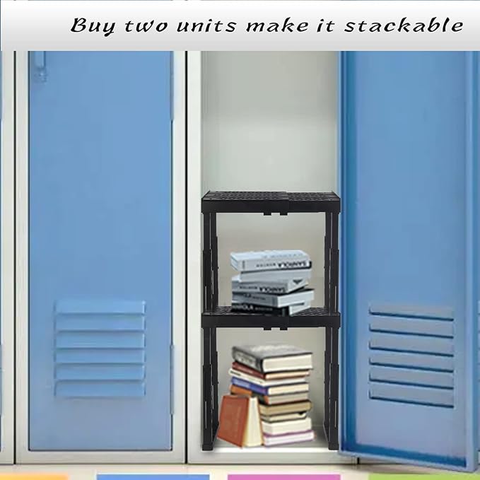 Svartur Locker Shelf for School Locker Adjustable Height and Width, Locker Organizer Shelf Stackable Locker Tools for Gym Lockers, Office, Back to School Essentials, Black