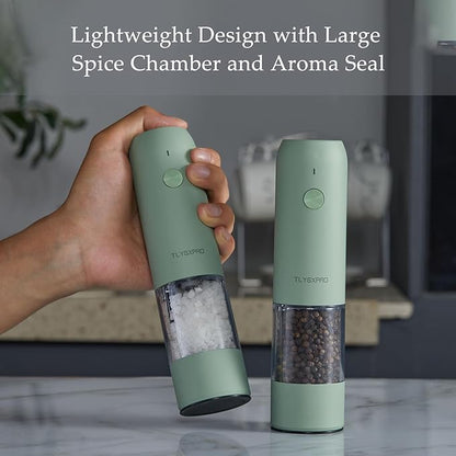 TLYSXPRO Electric Salt and Pepper Grinder Set, USB Rechargeable, Automatic Salt and Pepper Mill Grinder with Adjustable Coarseness, Electric Salt Shakers, LED Light, Refillable (2 Packs, Sage) - Image 6