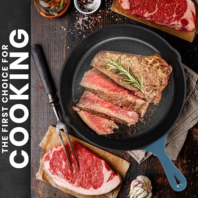 Utopia Kitchen Saute Fry Pan - Pre-Seasoned Cast Iron Skillet Set 3-Piece - Frying Pan - 6 Inch, 8 Inch and 10 Inch Cast Iron Set - Cooking Gift for Men & Women (Teal) - Image 6