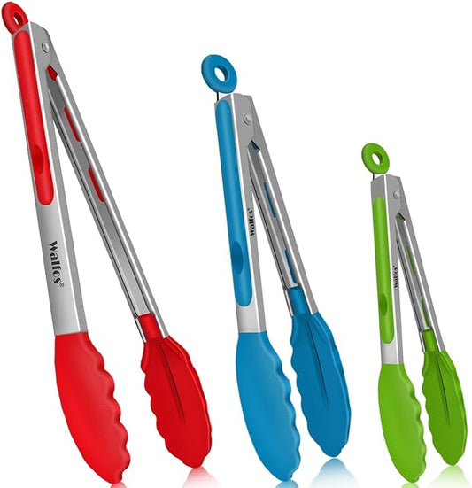 Walfos Silicone Tongs for Cooking - Heat Resistant kitchen tongs for Salad,Cooking, Grilling,Stainless Steel and BPA Free Silicone Tips set of 3 (7" 9" and 12 inch) by Walfos