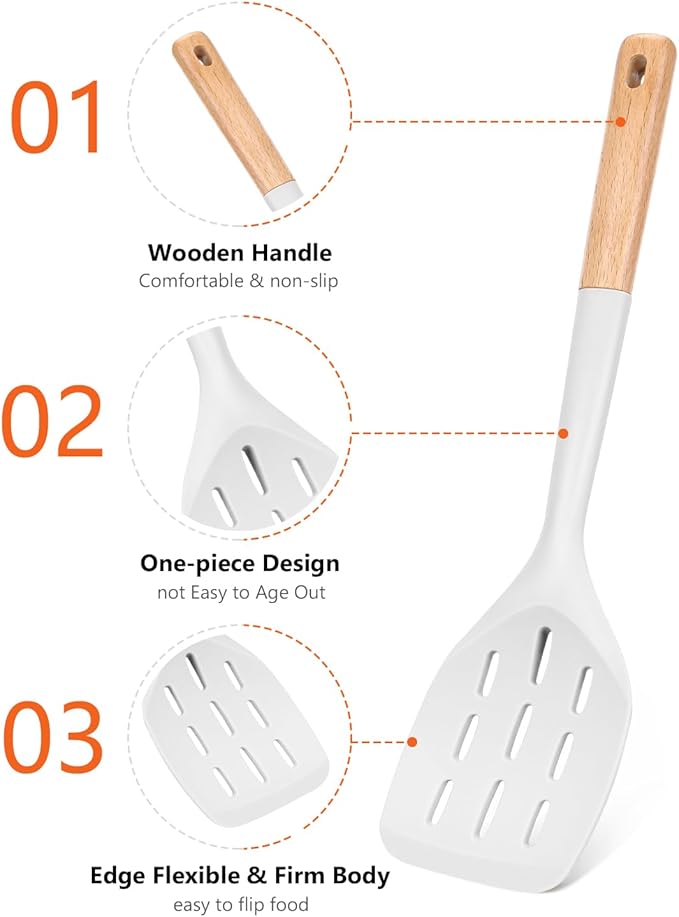 Pack of 2 Silicone Spatula, Non Stick Cooking Utensil Set Wooden Handle Kitchen Turner for Baking Mixing Grilling Serving Food Heat Resistant Non Scratch Hooks Included (White) - Image 3