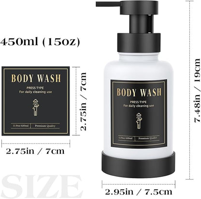Luxspire Foaming Soap Dispenser, Glass Foam Pump Soap Dispenser, Non-Slip Hand Soap Bottle with 5 Waterproof Labels, 15 Oz Refillable Liquid Soap Bottle for Bathroom & Kitchen, Black+White, 2 Pack
