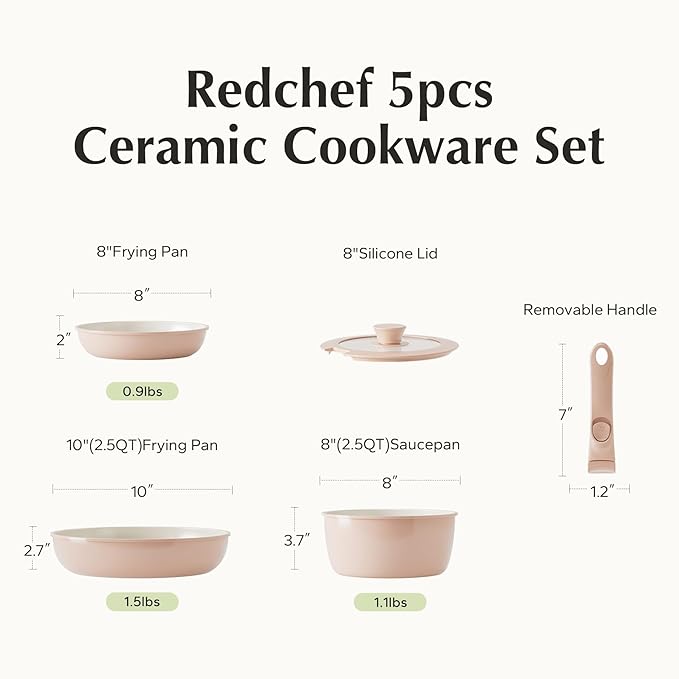 Redchef Ceramic Cookware Set, Removable Handle Pots and Pans Non-Stick, Rv Cookware Set, Non-Toxic Pots and Pans Set No PFAS, PTFE, PFOA, Detachable Pots and Pans, Dishwasher & Oven Safe (Pink) - Image 9