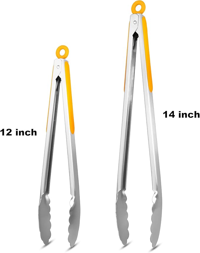 304 Stainless Steel Kitchen Cooking Tongs, 12" and 14" Set of 2 Sturdy Grilling Barbeque Brushed Locking Food Tongs with Ergonomic Grip, Orange - Image 4