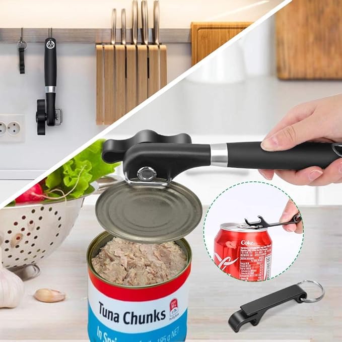 Can Opener Smooth Edge & Bottle Opener, Manual Side Safe Cut Can Opener Smooth Edge with Durable Sharp Blade, Effort-Saving Knob & Comfortable Non-slip Handle, (2-Pack, Black) - Image 2