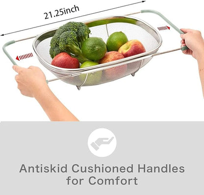 AJIODA Over The Sink Colander, 6 Quarts Stainless Steel Oval Colander with Expandable Rubber Grip Handle, Fine Mesh Strainer Baskets Kitchen Colanders for Strain, Drain, Rinse Vegetables, Mint Green