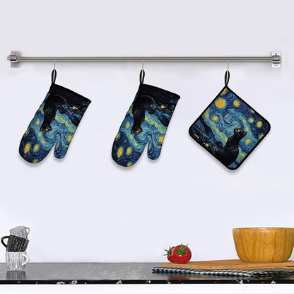 LOKMU Oven Mitts and Pot Holders Set of 3, Starry Night and Black Cat Heat Resistant Kitchen Gloves Hot Pads for Cooking Baking BBQ, Kitchen Decor Gifts for Cooking Lover Cooks