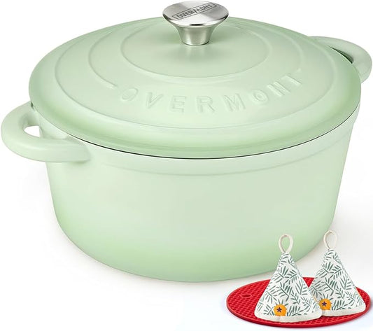 Overmont Enameled Cast Iron Dutch Oven - 5.5QT Pot with Lid Cookbook & Cotton Potholders - Heavy-Duty Cookware for Braising, Stews, Roasting, Sourdough Baking Verdant by Overmont