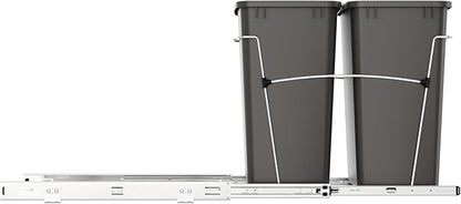 Rev-A-Shelf RV-18KD-13C-S Double Pullout Trash Can for Kitchen Cabinets 35 Quart Garbage Recycling Bin on Full Extension Slides, Gray