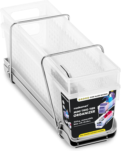 madesmart Mini 2-Tier Organizer, Multi-Purpose Slide-Out Storage with Handles and Dividers for Home and Bath, Frost