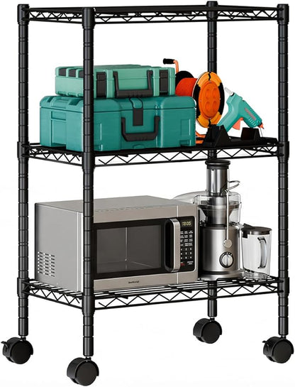DUMOS 3-Tier Metal Wire Storage Shelves, Adjustable Standing Storage Rack Shelf with Wheels, Heavy Duty Steel Shelving Unit Organizers for Kitchen Bathroom Pantry Garage, 23.1"W×13.4"D×30.2"H, Black