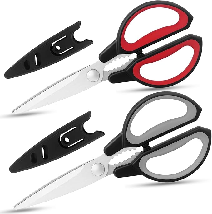 Kitchen Scissors, Multipurpose Kitchen Shears with Cover, Sharp Stainless Steel Blades and Comfort-Grip Handles for Cooking, Food & Packaging, 2-Pack, Black Gray & Black Red