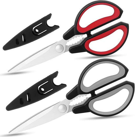 Kitchen Scissors, Multipurpose Kitchen Shears with Cover, Sharp Stainless Steel Blades and Comfort-Grip Handles for Cooking, Food & Packaging, 2-Pack, Black Gray & Black Red