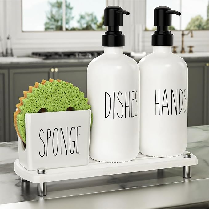Cisily Kitchen Soap Dispenser Set Comes with Ceramics Sponge Holder, Gold Pumps, and Instant Dry Tray, Hand and Dish Soap Dispenser Set (4, Black + White + Sponge Holder) by CISILYHOMELIFE