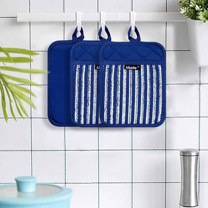 Alselo Silicone Pot Holders Set of 3 Heat Resistant & Non Slip Potholders, Professional Oven Hot Pads with Pockets Mitts for Kitchen Cooking Baking Barbecue (Cobait Blue, 3) - Image 6