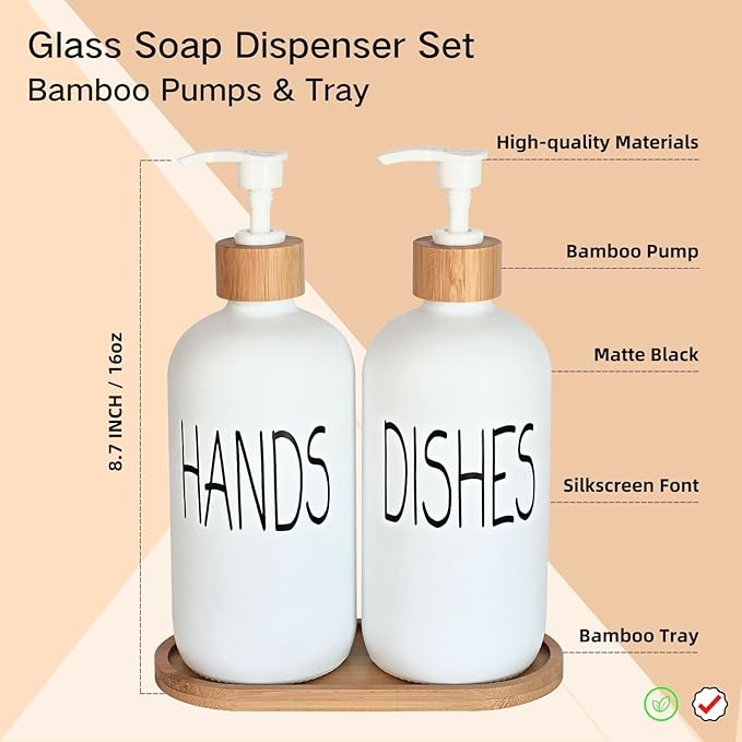 Glass Soap Dispenser Set - Hand Soap and Dish Soap Dispenser with Bamboo Tray. Vintage Soap Dispenser with Pump for KitchenKitchen Drain Outlet and Bathroom. Stylish Permanent Labels (Matte White) - Image 2