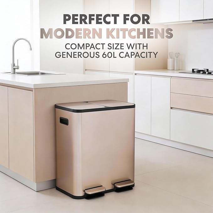 SIMPLI-Magic 60L / 16 Gallon Dual Compartment Kitchen Trash Can - Hands-Free Step Pedal, Soft-Close Lid, Stainless Steel Recycling Bin with Odor Control (30L + 30L) - Image 6