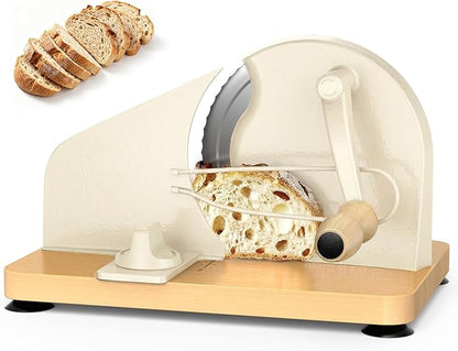 Manual Bread Slicer for Homemade Sourdough-Adjustable Thickness Bread Slicer with Hand Crank Metal Guide,Scale Line,Suction Cup,Solid Wood Base,Stainless Steel Blade for Perfect Even Slices