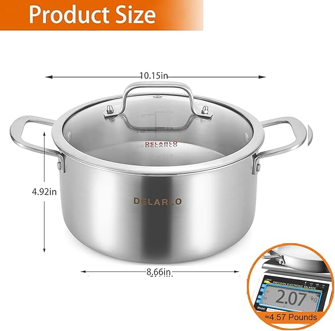 DELARLO Tri-Ply Stainless Steel Stock Pot, 5 Quart Stockpot with Lid, All Stoves Safe Up to 600℉, Saving Fuel 20%, Heavy Duty, Soup Pot with lid, Kitchen Essentials, Fast Even Heat - Image 3