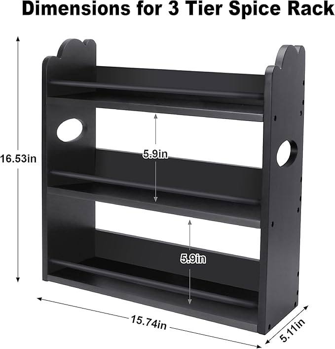 3 Tier Bamboo Spice Rack, Spice Rack Organizer, Seasoning Jars Rack Shelf Spice Organizer for Kitchen Counter or Wall Mounting, Spice Storage Holder with handles, Jars Not Included, Black - Image 2