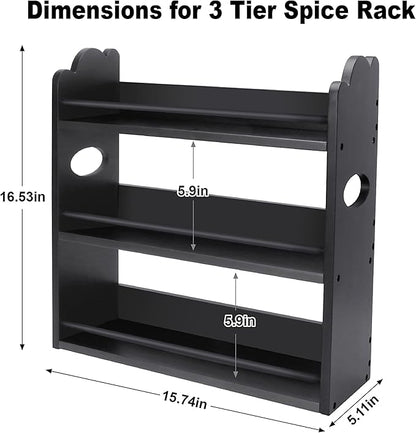 3 Tier Bamboo Spice Rack, Spice Rack Organizer, Seasoning Jars Rack Shelf Spice Organizer for Kitchen Counter or Wall Mounting, Spice Storage Holder with handles, Jars Not Included, Black - Image 2