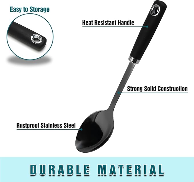 304 Stainless Steel Cooking Spoon, 14 Inch Solid Basting Spoon with Silicone Non-Slip Handle, Heavy Duty Serving Spoon for Stirring, Scooping, Mixing, Serving Soups, Sauces, Rice, Black