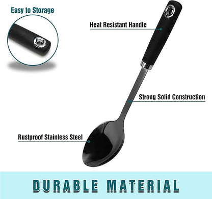 304 Stainless Steel Cooking Spoon, 14 Inch Solid Basting Spoon with Silicone Non-Slip Handle, Heavy Duty Serving Spoon for Stirring, Scooping, Mixing, Serving Soups, Sauces, Rice, Black