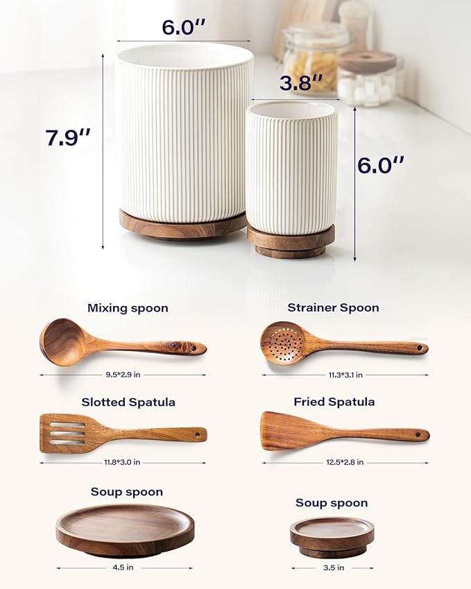 getstar Large Rotating Utensil Holder for Kitchen Counter,7.9"+6" Ceramic Utensils Crocks Set for Countertop Large & Small Utensil Organizer for Spatula Farmhouse Kitchen Decor - Image 4