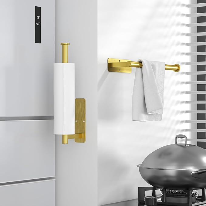 ASTOFLI Paper Towel Holder Under Cabinet No Drilling, Self Adhesive Paper Towel Holder Wall Mount for Kitchen Rack, Under Counter Napin Holder No Drill, RV, 304 Stainless Steel, Gold Brass 2 Pack - Image 5