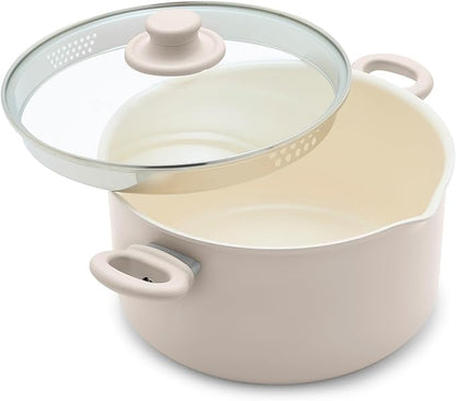 GreenLife 6QT Ceramic Nonstick Stockpot with Glass Straining Lid, PFAS-Free, Dishwasher Safe, Stay-Cool Handles, Oven Safe to 350°F, Wobble-Free Base, Even Heating, Taupe by GreenLife