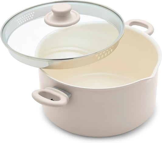 GreenLife 6QT Ceramic Nonstick Stockpot with Glass Straining Lid, PFAS-Free, Dishwasher Safe, Stay-Cool Handles, Oven Safe to 350°F, Wobble-Free Base, Even Heating, Taupe by GreenLife