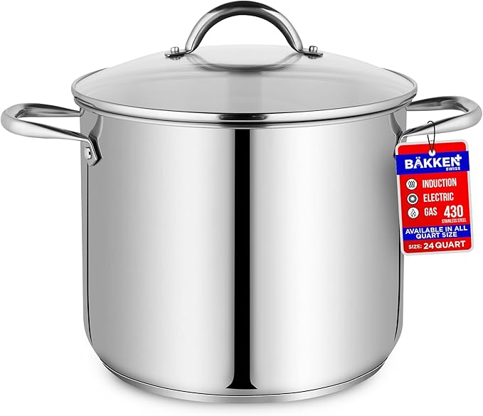 Stainless Steel Stockpot with Tempered Glass Lid 24 Quart, Durable 18/0 Stainless Steel, Impact-Bonded Base for Even Heating, Riveted Handles, Oven & All Stove Compatible, Safe Up To 500°F (260°C) by Unknown