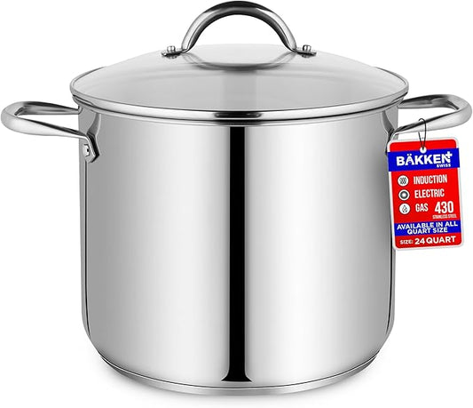 Stainless Steel Stockpot with Tempered Glass Lid 24 Quart, Durable 18/0 Stainless Steel, Impact-Bonded Base for Even Heating, Riveted Handles, Oven & All Stove Compatible, Safe Up To 500°F (260°C) by Unknown