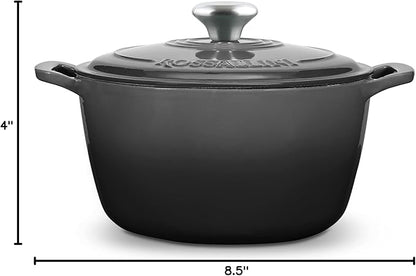 ROSSALLINI Signature Enameled Cast Iron Dutch Oven, Non-Stick Serving Pot with Tight Fitting Lid for Perfect Roasting, Baking, Sauteing, and Bread Making | 3.5Q (3.3L) - Oyster Grey